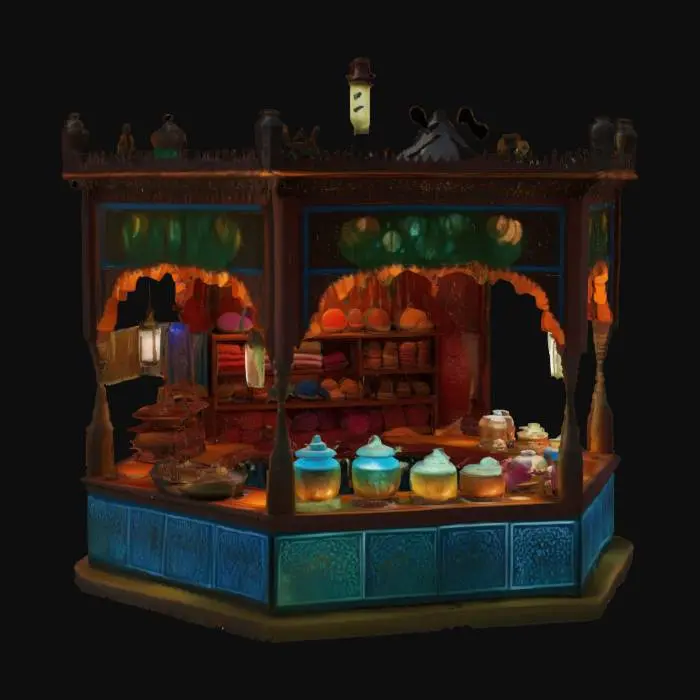 3D model for [Marrakech] a meticulously detailed Marrakech Bazaar vendor booth with bioluminescent textiles and glowing spices, #AroundTheWorld#
