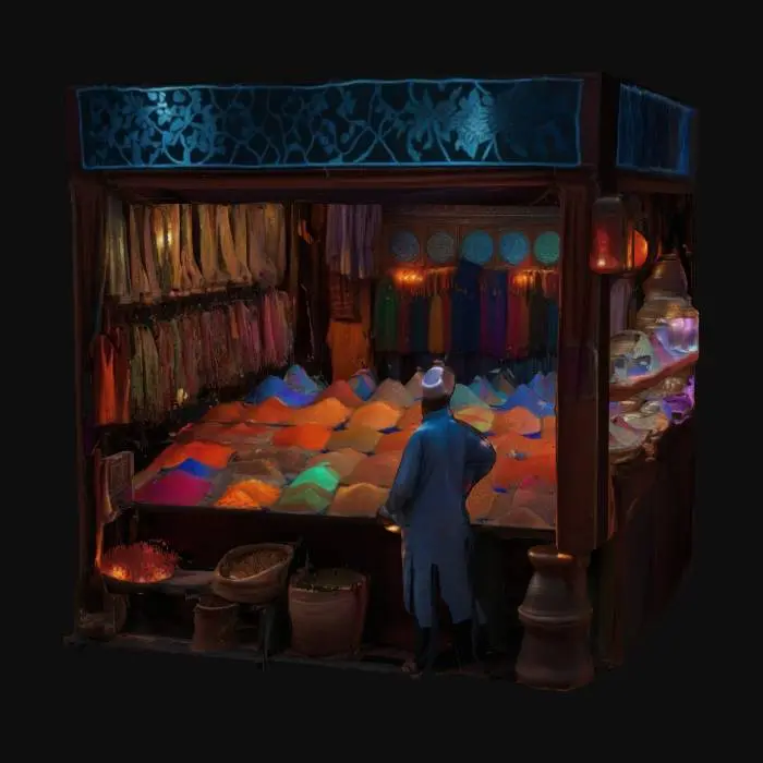 3D model for [Marrakech] a meticulously detailed Marrakech Bazaar vendor booth with bioluminescent textiles and glowing spices, #AroundTheWorld#