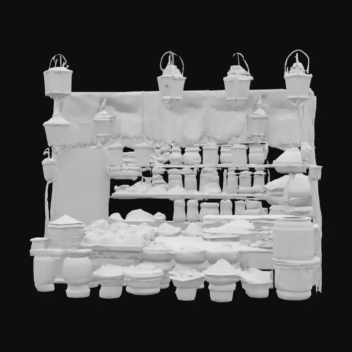 3D model for [Marrakech] a meticulously detailed Marrakech Bazaar vendor booth with bioluminescent textiles and glowing spices, #AroundTheWorld#