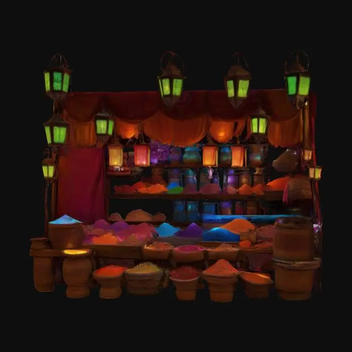 3D model for [Marrakech] a meticulously detailed Marrakech Bazaar vendor booth with bioluminescent textiles and glowing spices, #AroundTheWorld#