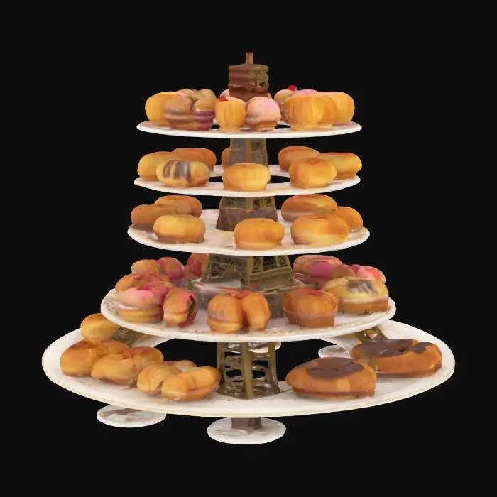3D model for [France], Highly Detailed, Ultra Realistic, tiered French platters making the shape of the Eiffel Tower with delicious, detailed french pastries on each platter, #AroundTheWorld#