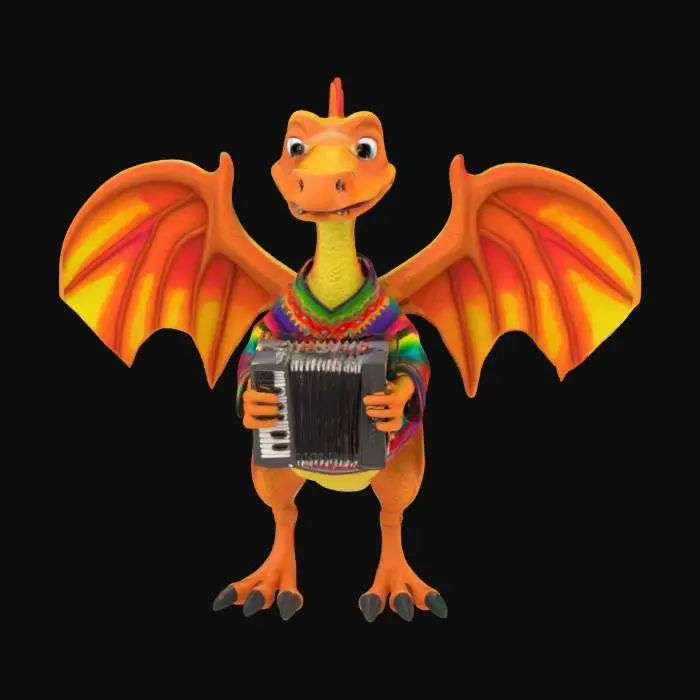 3D model for [Mexico] a colorful, cute, cartoonish pterodactyl dinosaur, wearing a Mexican poncho textured with vibrant mexican patterns, and equipped with an accordian, #AroundTheWorld#