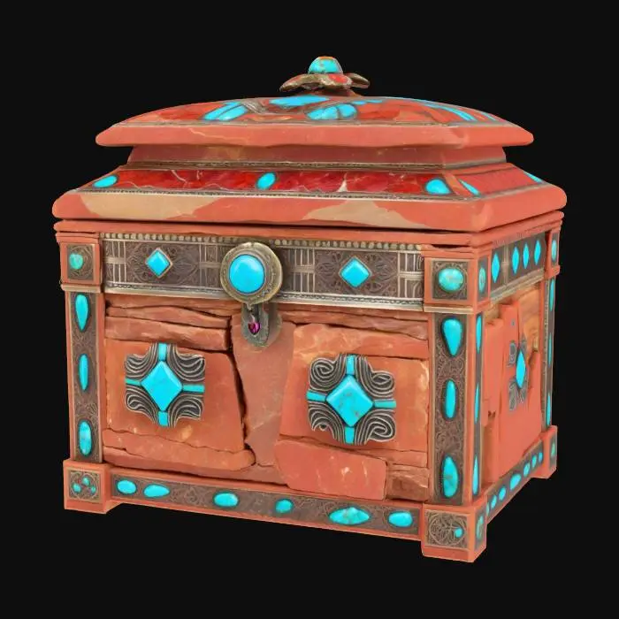 3D model for [New Mexico] an ornate stacked red rock treasure chest inlay with turquoise gemstones, inspired by  Monument Valley’s spires, #AroundTheWorld#
