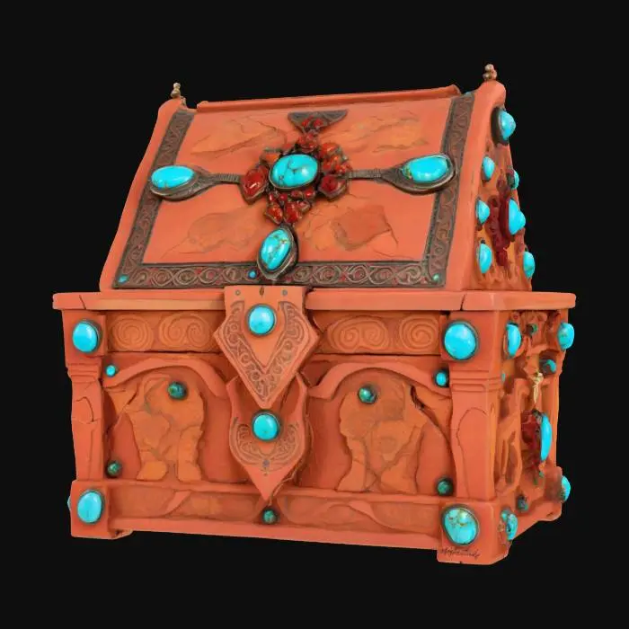 3D model for [New Mexico] an ornate stacked red rock treasure chest inlay with turquoise gemstones, inspired by  Monument Valley’s spires, #AroundTheWorld#
