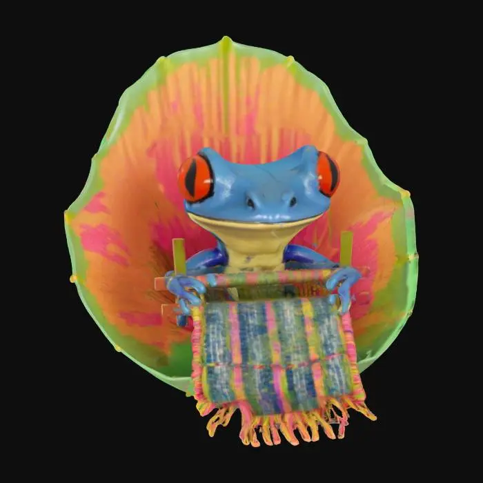 3D model for [Columbia] a blue cartoonish poison dart frog, weaving with a loom of a colorful columbian textile and sitting in a Heliconia flower chair, #AroundTheWorld#