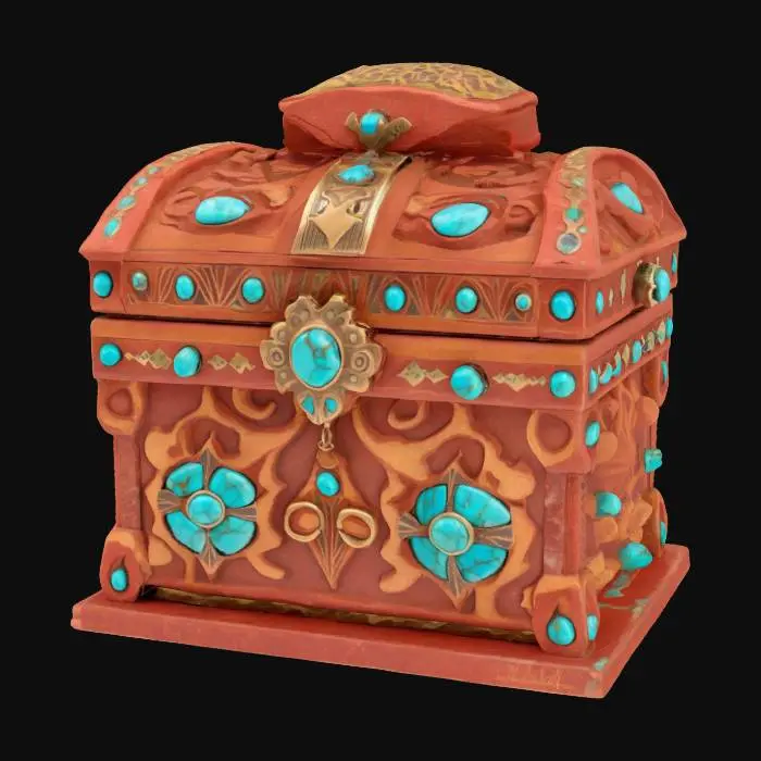 3D model for [New Mexico] an ornate stacked red rock treasure chest inlay with turquoise gemstones, inspired by  Monument Valley’s spires, #AroundTheWorld#