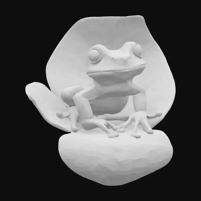 3D model for [Columbia] a blue cartoonish poison dart frog sitting in a Heliconia flower chair, #AroundTheWorld#