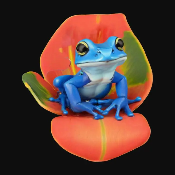 3D model for [Columbia] a blue cartoonish poison dart frog sitting in a Heliconia flower chair, #AroundTheWorld#
