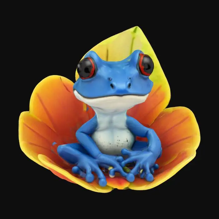 3D model for [Columbia] a blue cartoonish poison dart frog sitting in a Heliconia flower chair, #AroundTheWorld#