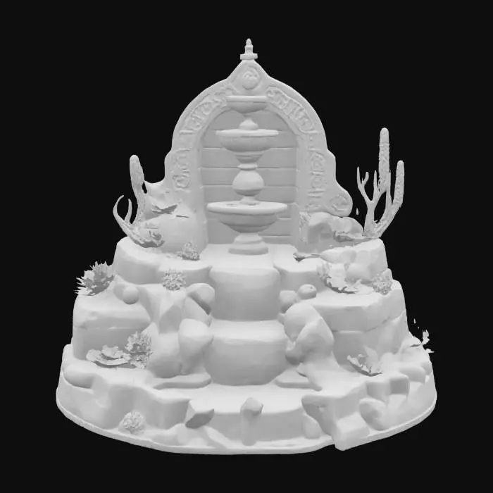 3D model for a tiered desert oasis succulent garden with an elaborate fountain, highly detailed, ultra realistic