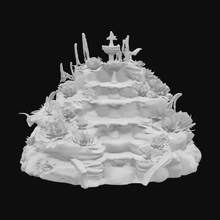 3D model for a tiered desert oasis succulent garden with an elaborate fountain, highly detailed, ultra realistic