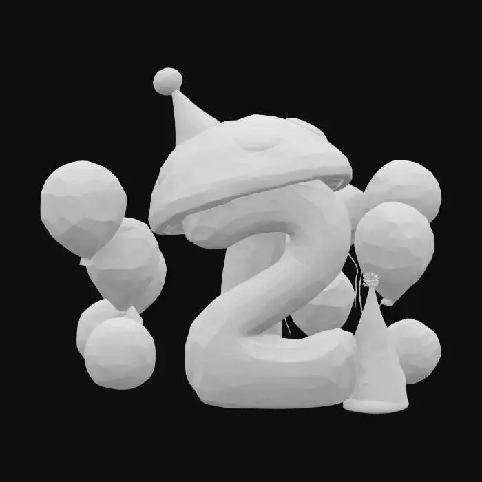 3D model for a birthday-themed cartoon mushroom in the shape of the number two