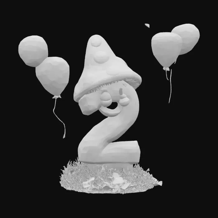 3D model for a birthday-themed cartoon mushroom shaped like the number two
