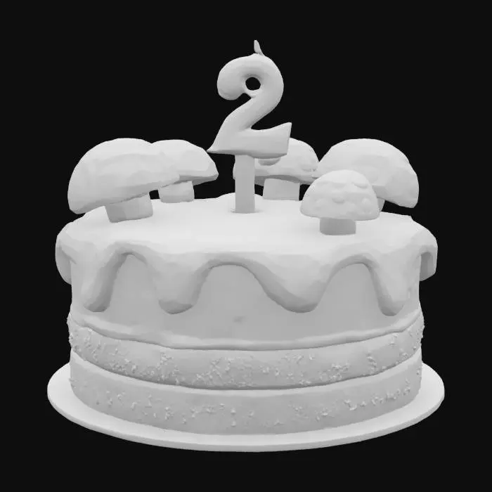3D model for a cartoon mushroom-themed cake with a number two candle on top, ultra realistic, highly detailed