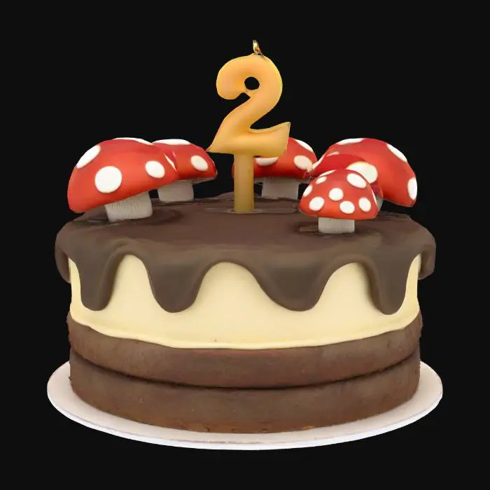 3D model for a cartoon mushroom-themed cake with a number two candle on top, ultra realistic, highly detailed