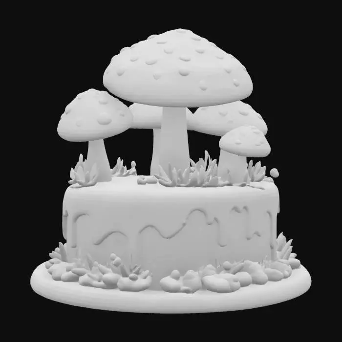 3D model for an elegant and elaborate mushroom-themed cake, ultra realistic, highly detailed