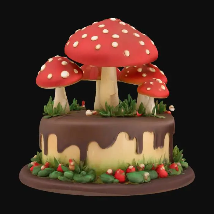 3D model for an elegant and elaborate mushroom-themed cake, ultra realistic, highly detailed