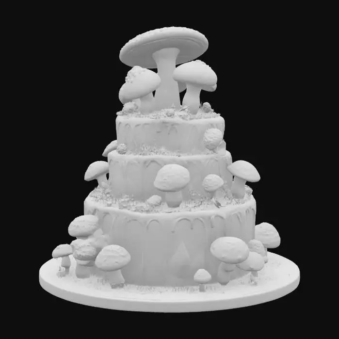 3D model for an elegant and elaborate mushroom-themed cake, ultra realistic, highly detailed