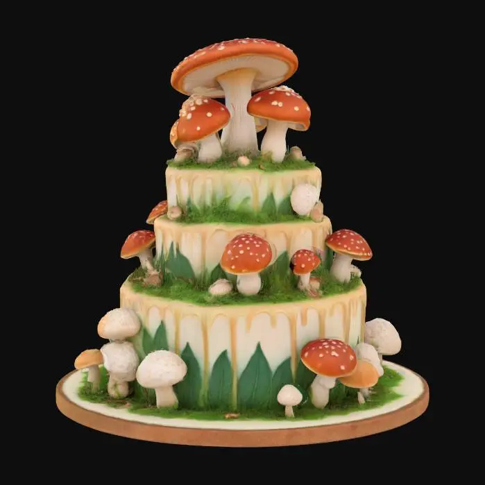 3D model for an elegant and elaborate mushroom-themed cake, ultra realistic, highly detailed