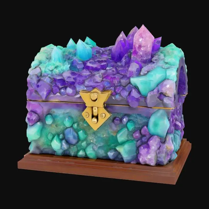 3D model for a colorful, locked geode-themed treasure chest, ultra realistic, highly detailed