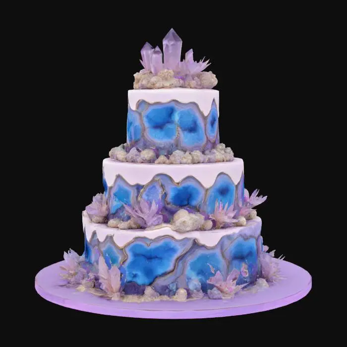 3D model for an elegant and elaborate tiered geode-themed cake, ultra realistic, highly detailed