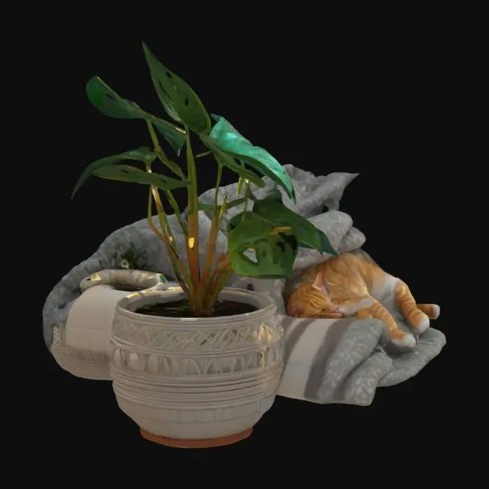 3D model for a cozycore indoor potted monstera corner scene with a blanket, fairy lights, and a sleepy cat, ultra realistic, highly detailed