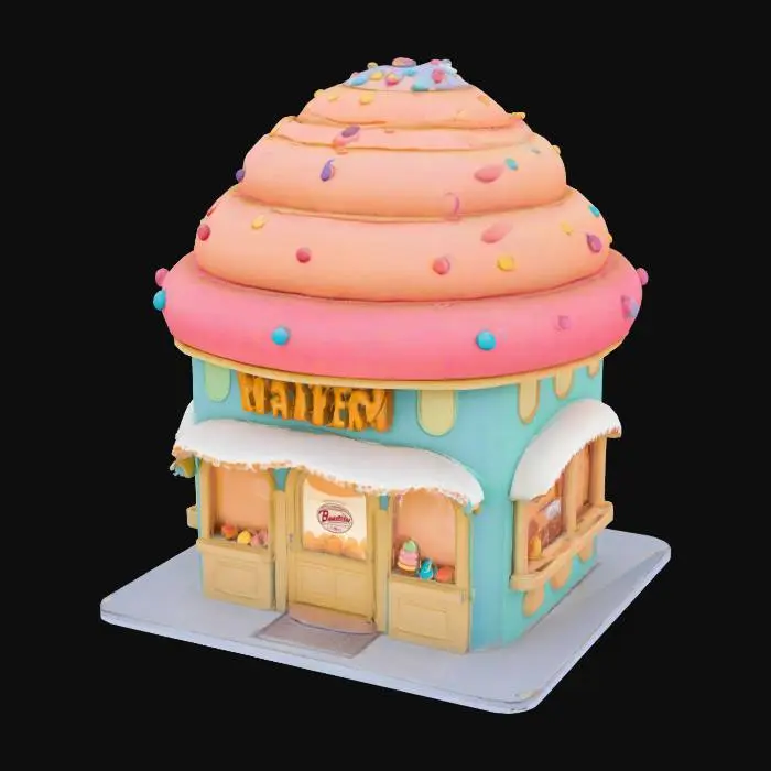 3D model for a colorful cartoonish bakery building in the shape of pastries