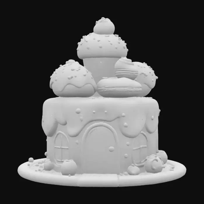 3D model for a colorful cartoonish bakery building in the shape of pastries
