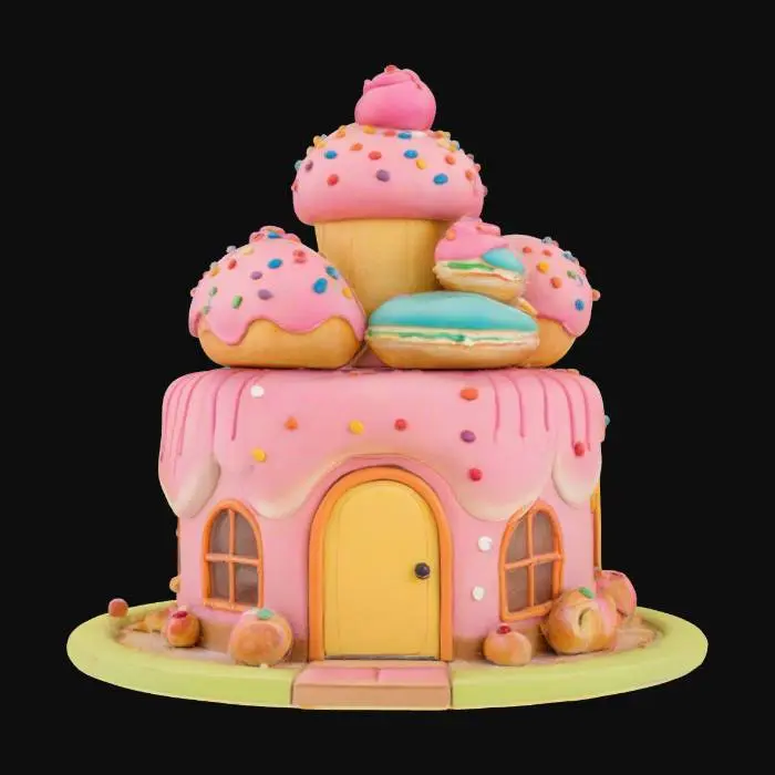3D model for a colorful cartoonish bakery building in the shape of pastries