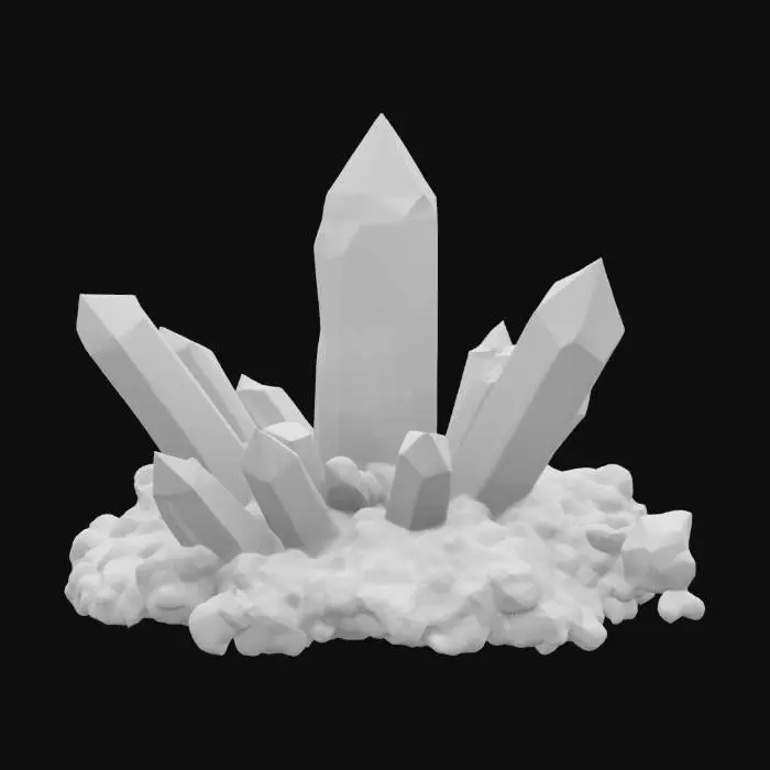 3D model for a cluster of prism-shaped crystals, displaying a smooth texture and a vibrant gradient of rainbow colors