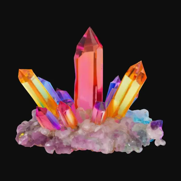 3D model for a cluster of prism-shaped crystals, displaying a smooth texture and a vibrant gradient of rainbow colors