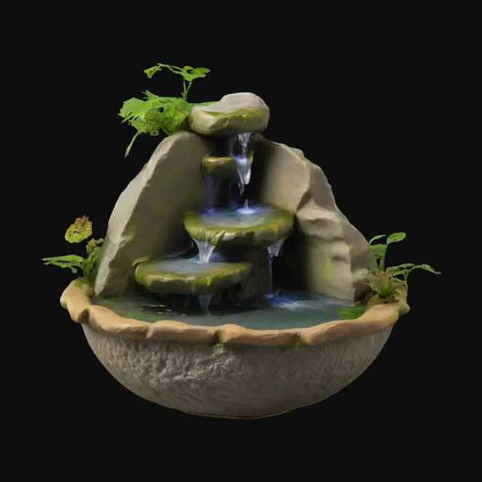 3D model for a miniature landscape fountain featuring a textured, rock-like structure with cascading water, lush green foliage, and a mystical mist effect emanating from a bowl-shaped base