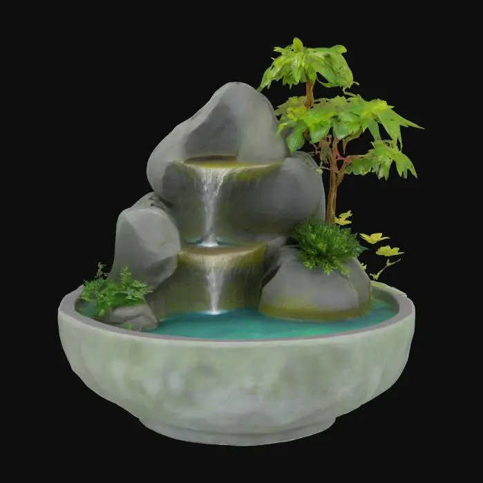 3D model for a miniature landscape fountain featuring a textured, rock-like structure with cascading water, lush green foliage, and a mystical mist effect emanating from a bowl-shaped base