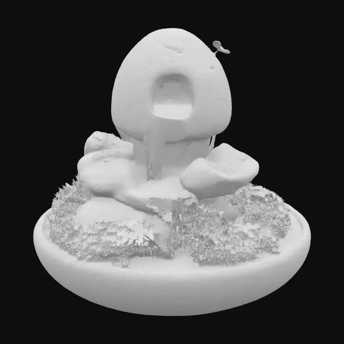 3D model for a miniature landscape fountain featuring a textured, rock-like structure with cascading water, lush green foliage, and a mystical mist effect emanating from a bowl-shaped base