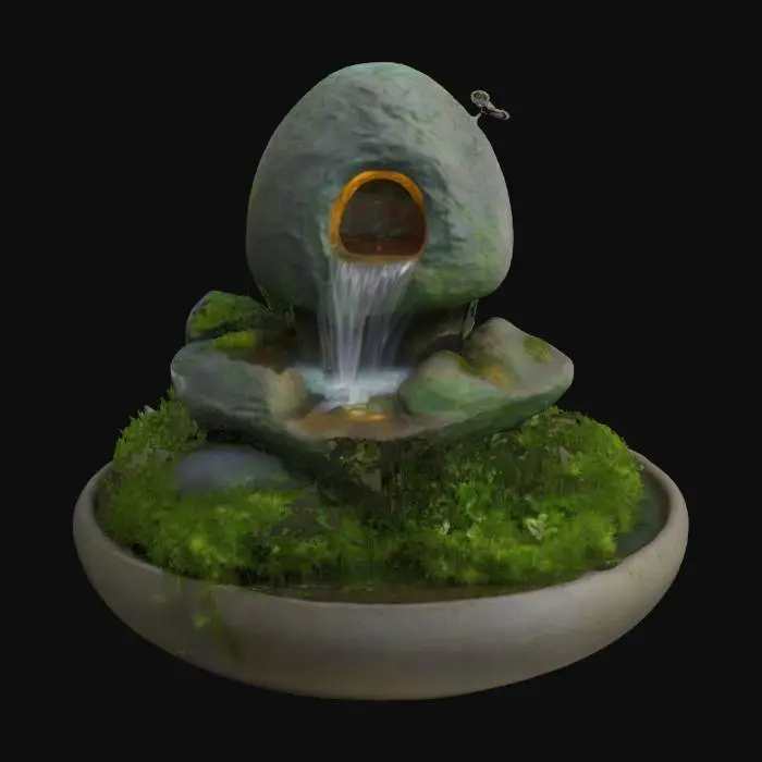 3D model for a miniature landscape fountain featuring a textured, rock-like structure with cascading water, lush green foliage, and a mystical mist effect emanating from a bowl-shaped base