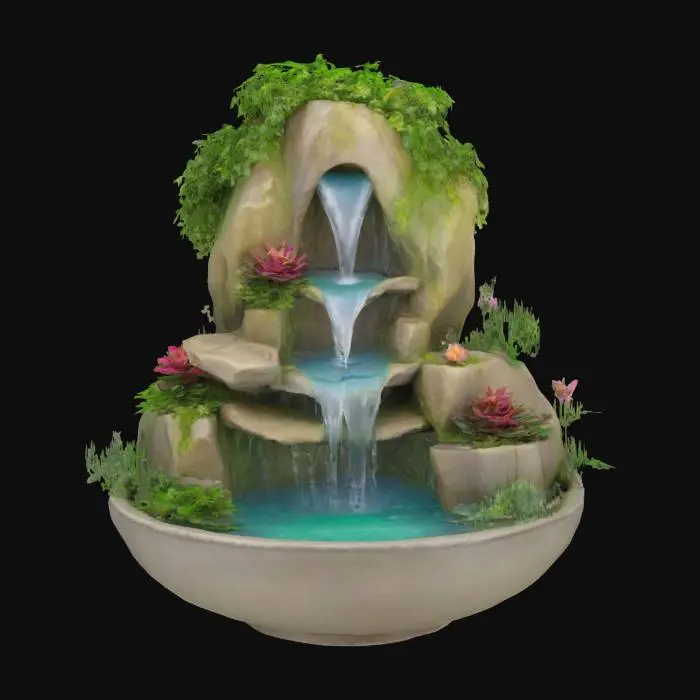 3D model for a miniature landscape fountain featuring a textured, rock-like structure with cascading water, lush green foliage, and a mystical mist effect emanating from a bowl-shaped base