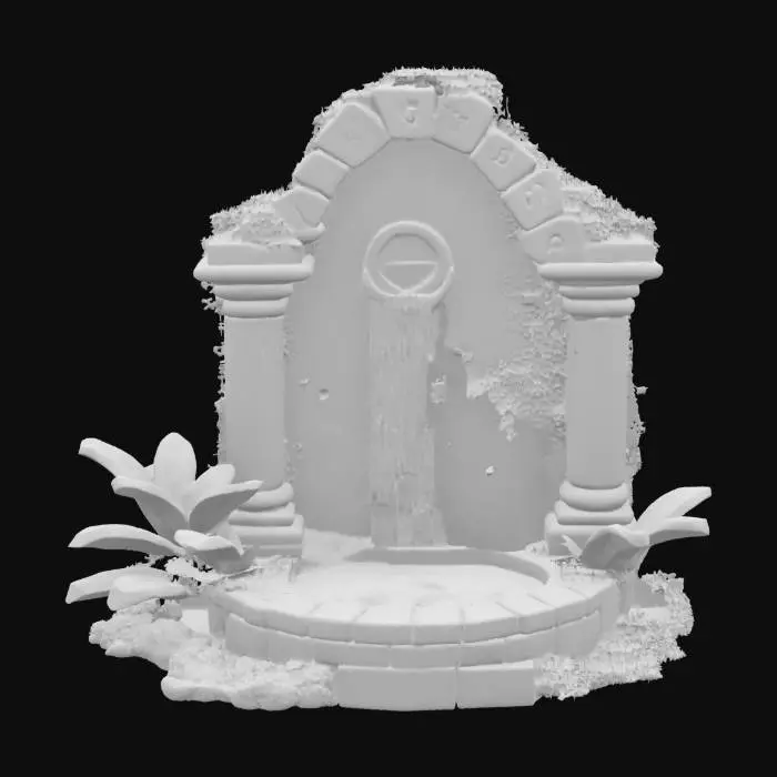 3D model for a miniature ruined temple landscape fountain featuring a textured, stone-like structure with aged, moss-covered runes, cascading water, lush ivy and lotus plants, and a soft teal magical glow flowing up from a basin