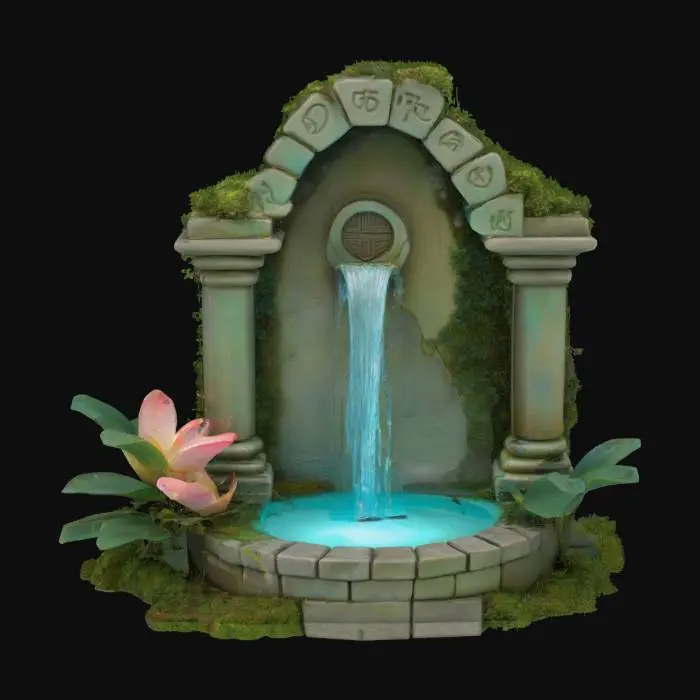 3D model for a miniature ruined temple landscape fountain featuring a textured, stone-like structure with aged, moss-covered runes, cascading water, lush ivy and lotus plants, and a soft teal magical glow flowing up from a basin
