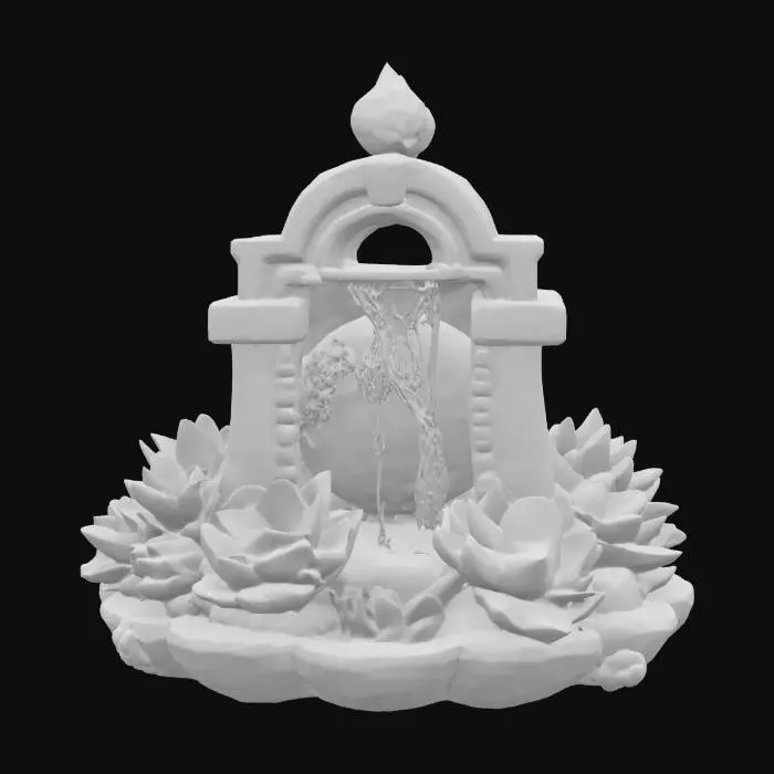 3D model for an oasis miniature fountain featuring a textured, opal structure with cascading water, vivid rainbow-tinted succulents, and a shimmering iridescent glow emanating from a base