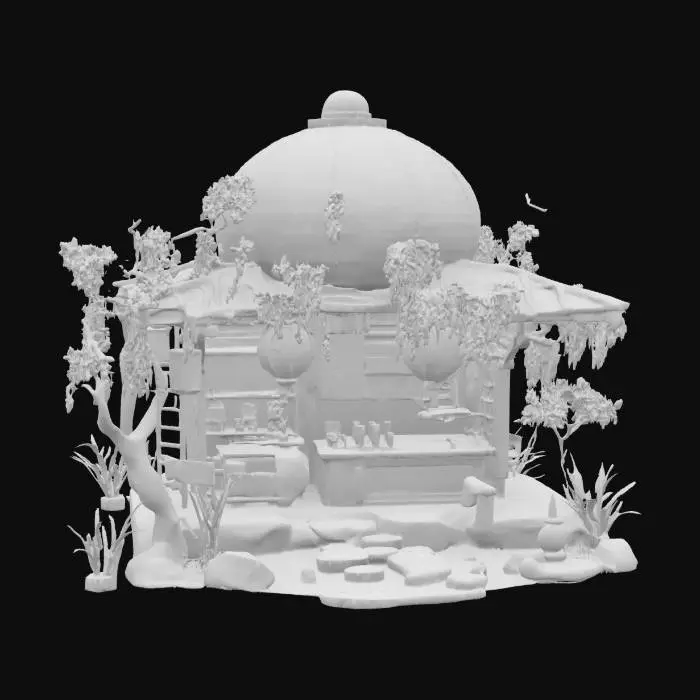 3D model for a japanese noodle shop crafted from a giant glowing paper lantern, adorned with draping blue wisteria and blooming sakura branches, featuring a beautiful koi pond in front with a stone path that travels through the pond to the order counter