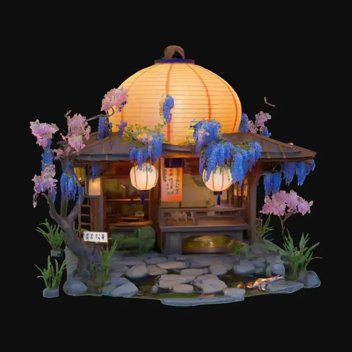 3D model for a japanese noodle shop crafted from a giant glowing paper lantern, adorned with draping blue wisteria and blooming sakura branches, featuring a beautiful koi pond in front with a stone path that travels through the pond to the order counter