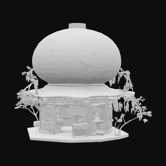 3D model for a japanese noodle shop crafted from a giant glowing paper lantern, adorned with draping blue wisteria and blooming sakura branches, featuring a beautiful koi pond in front with a stone path that travels through the pond to the order counter