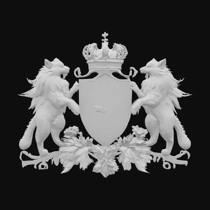 3D model for an ornate heraldic emblem featuring a central shield with a moonflower and full moon motif, flanked by two magnificent wolves, a regal black, red, and gold crown above the shield, and surrounded by natural elements, all rendered in a richly detailed and textured style., #emblem#