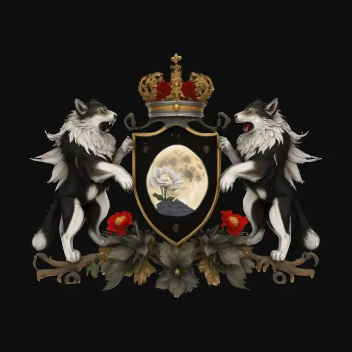 3D model for an ornate heraldic emblem featuring a central shield with a moonflower and full moon motif, flanked by two magnificent wolves, a regal black, red, and gold crown above the shield, and surrounded by natural elements, all rendered in a richly detailed and textured style., #emblem#