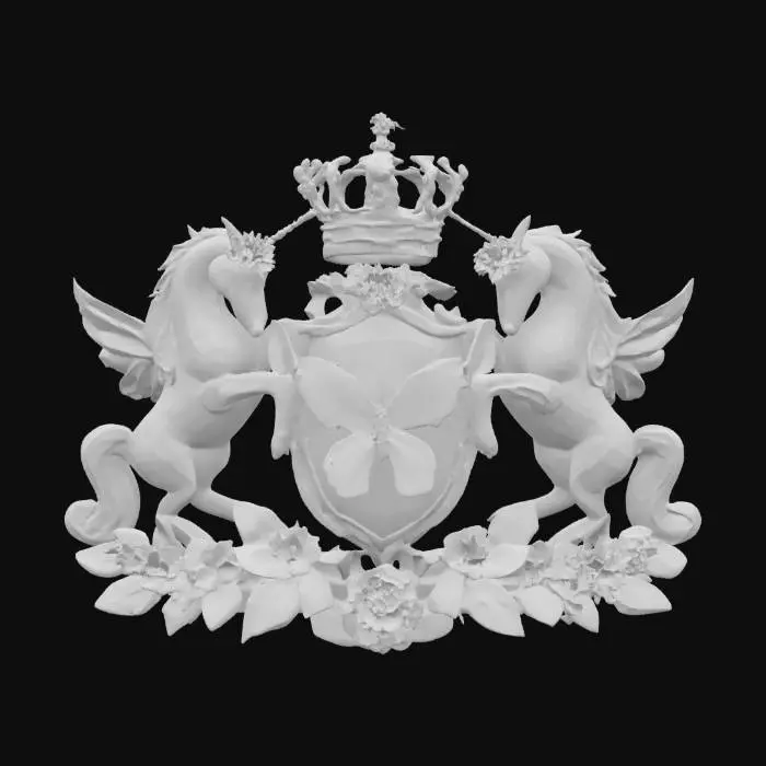 3D model for an ornate heraldic emblem featuring a central shield with a butterfly and succulent motif, flanked by two iridescent unicorns wearing flower crowns, a regal  white and gold crown above the shield, and surrounded by natural elements, all rendered in a richly detailed and textured style., #emblem#