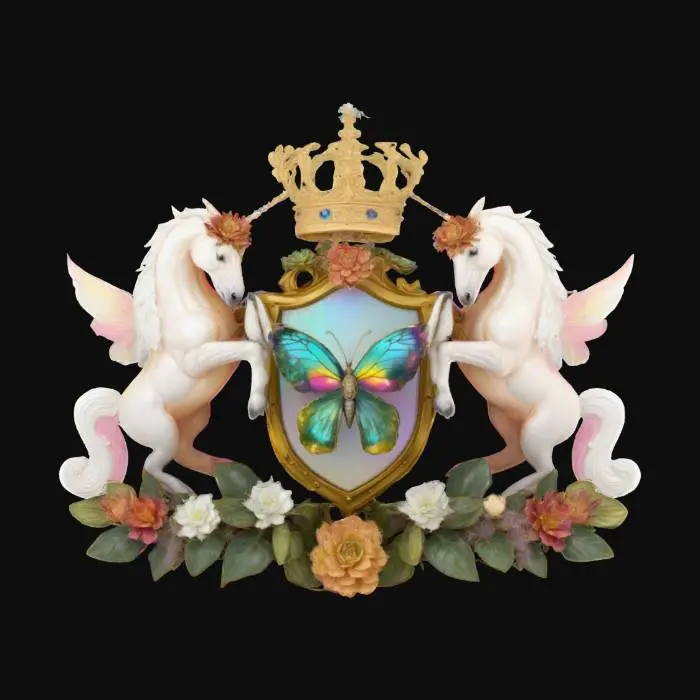 3D model for an ornate heraldic emblem featuring a central shield with a butterfly and succulent motif, flanked by two iridescent unicorns wearing flower crowns, a regal  white and gold crown above the shield, and surrounded by natural elements, all rendered in a richly detailed and textured style., #emblem#