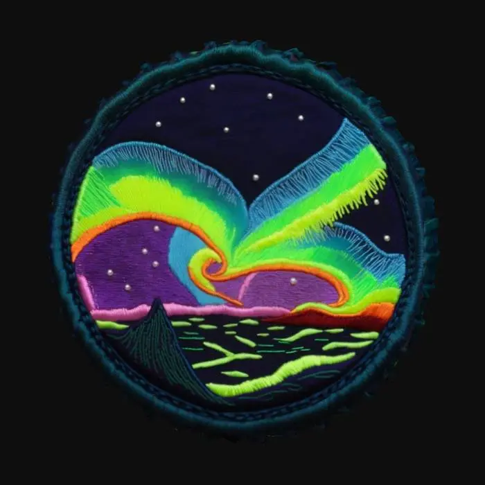 3D model for an embroidered bioluminescent northern lights badge with glowing edges and visible stitch texture, #emblem#