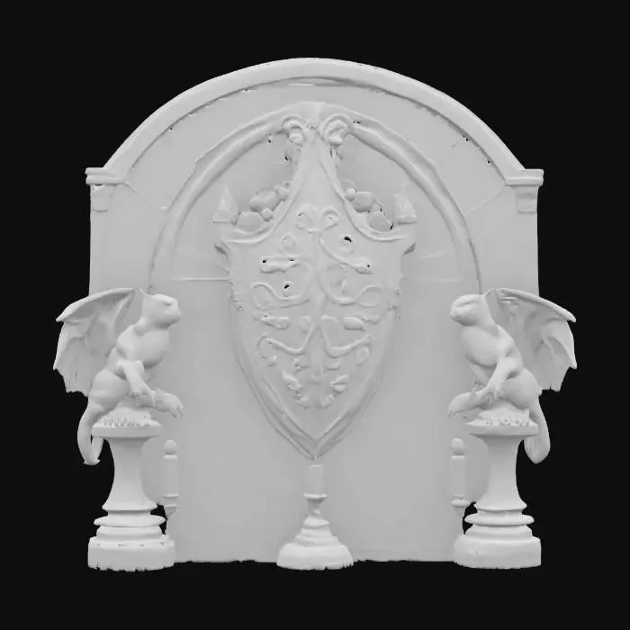 3D model for an ornate, gothic-style shield centerpiece with a prominent red and black color scheme, flanked by two gargoyles, on a victorian textured stone-like wall surface and illuminated by two candles at the base, #emblem#