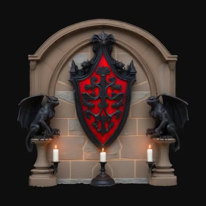 3D model for an ornate, gothic-style shield centerpiece with a prominent red and black color scheme, flanked by two gargoyles, on a victorian textured stone-like wall surface and illuminated by two candles at the base, #emblem#