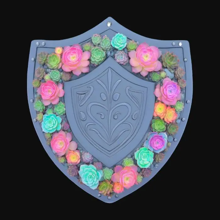 3D model for a shield-shaped emblem adorned with vibrant, multicolored succulents with glowing bioluminescent edges, #emblem#